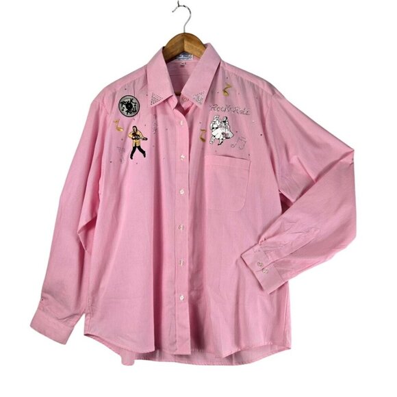 Rock N Roll Women's Shirt 50's Elvis Pink White Stripe XL Button-Up Long Sleeve - Picture 1 of 16